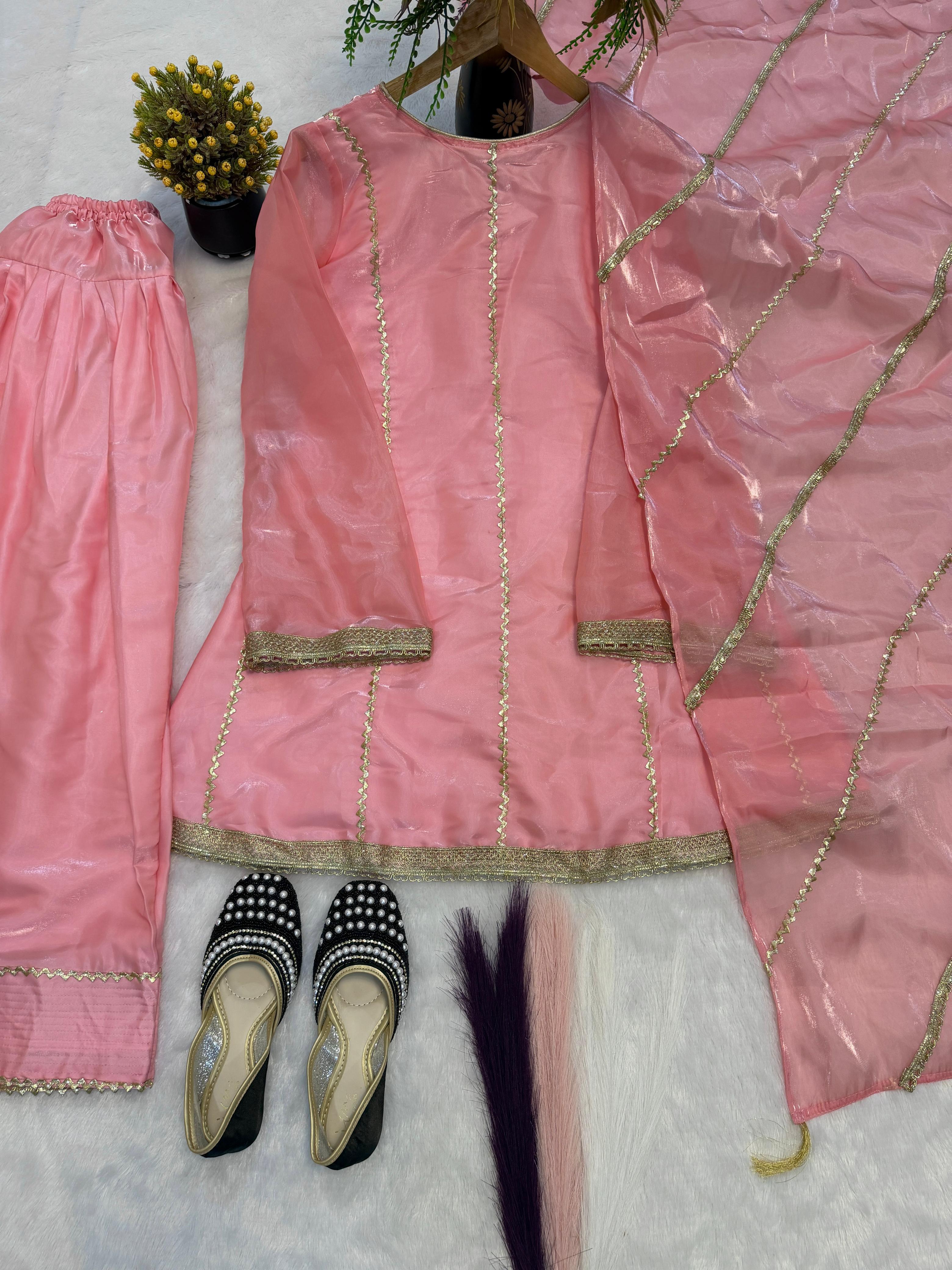 SW224 Pink Gimmy Silk Farshi Salwar Set - Lace Detail