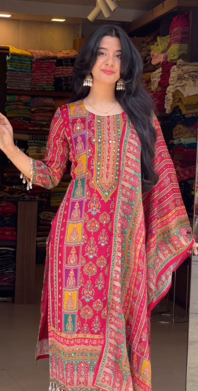 Desirable Maska Cotton Real Hand Mirror Work Kurti Pant & Dupatta Set