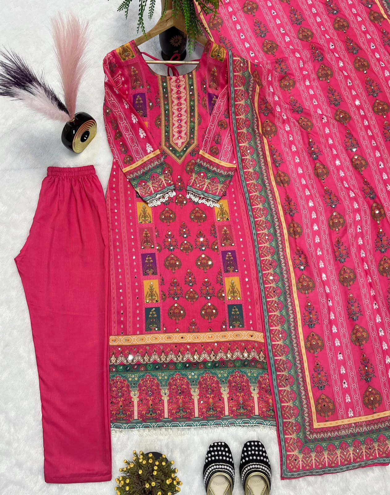 Desirable Maska Cotton Real Hand Mirror Work Kurti Pant & Dupatta Set