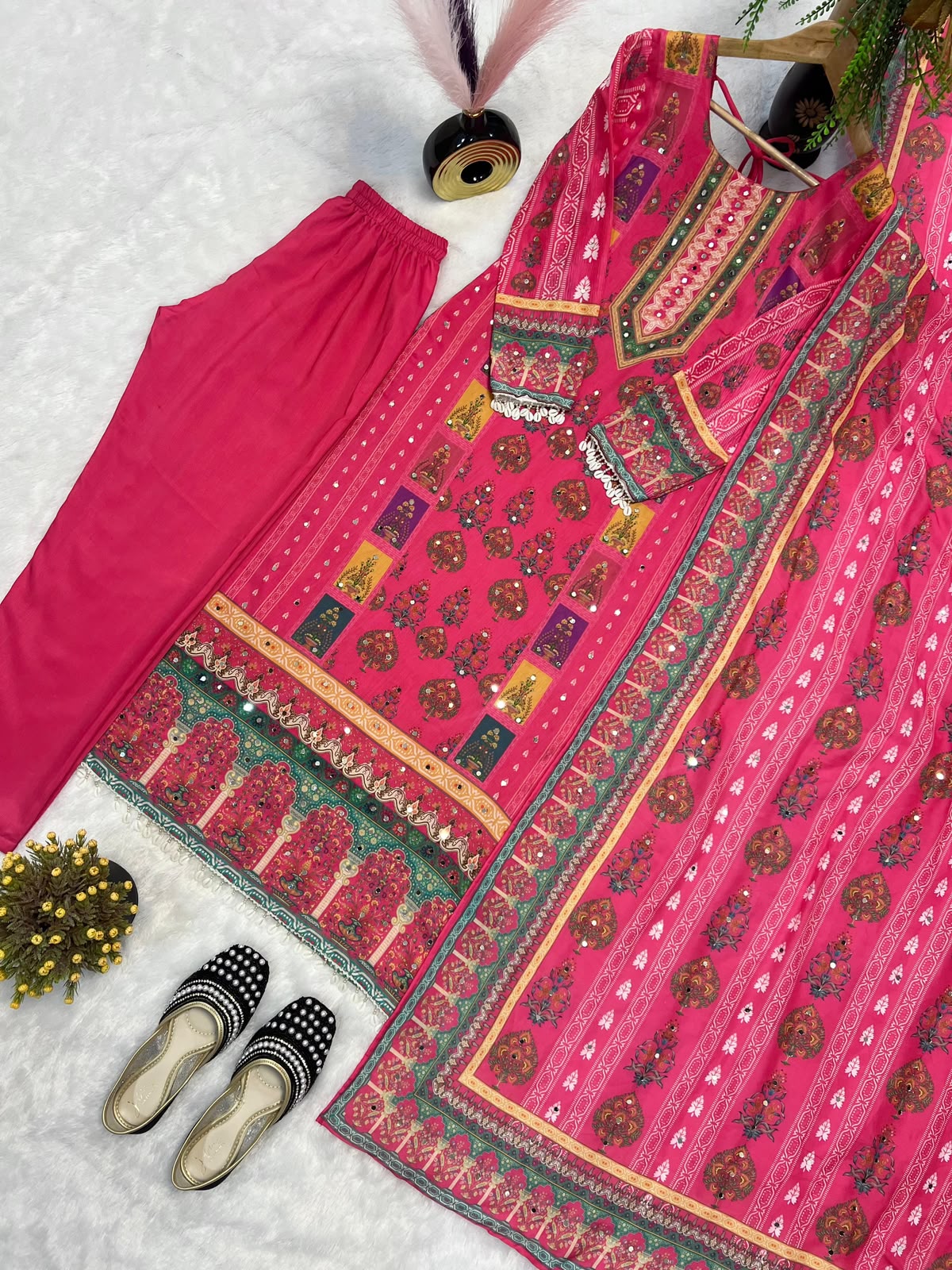 Desirable Maska Cotton Real Hand Mirror Work Kurti Pant & Dupatta Set