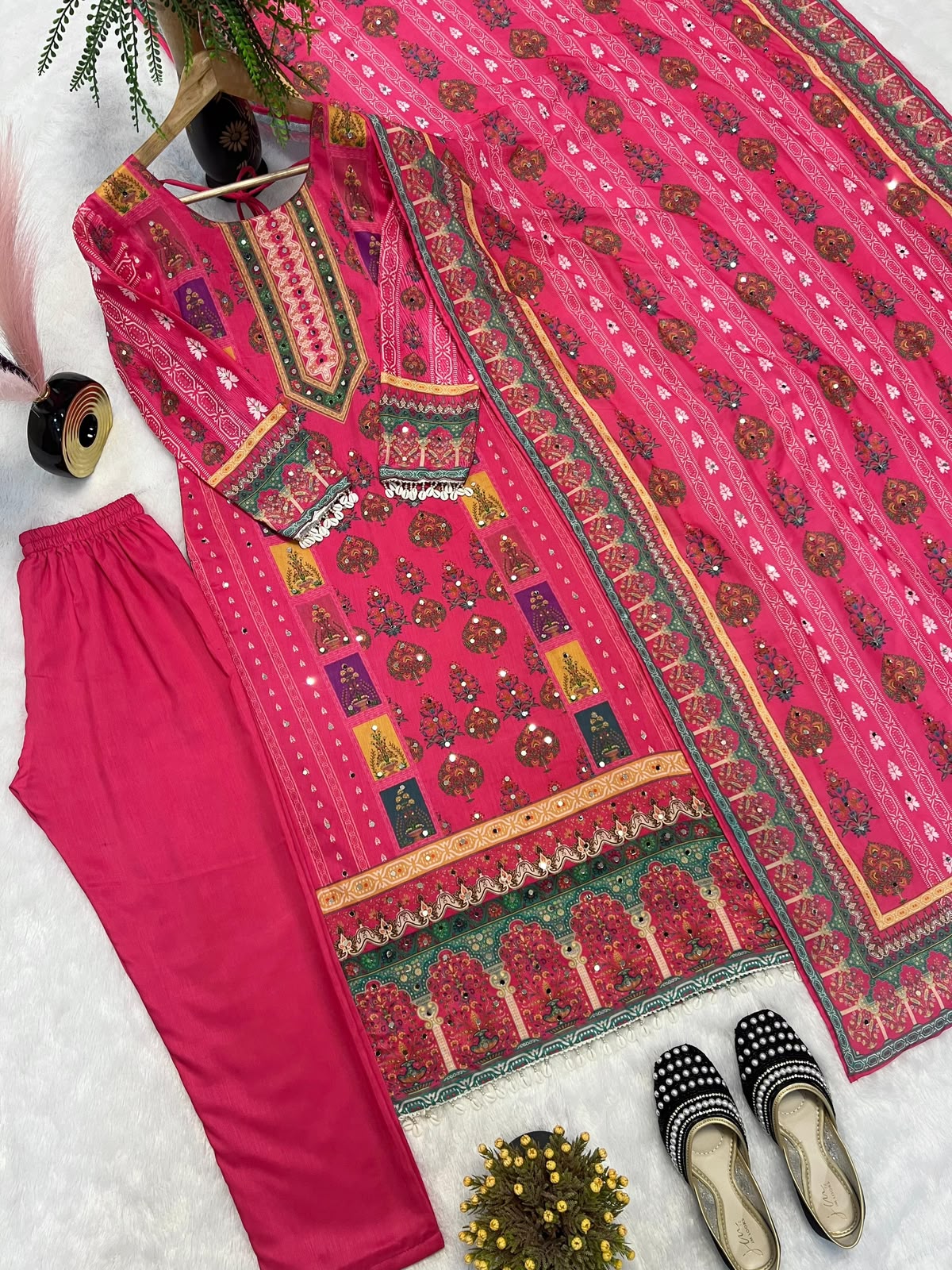Desirable Maska Cotton Real Hand Mirror Work Kurti Pant & Dupatta Set