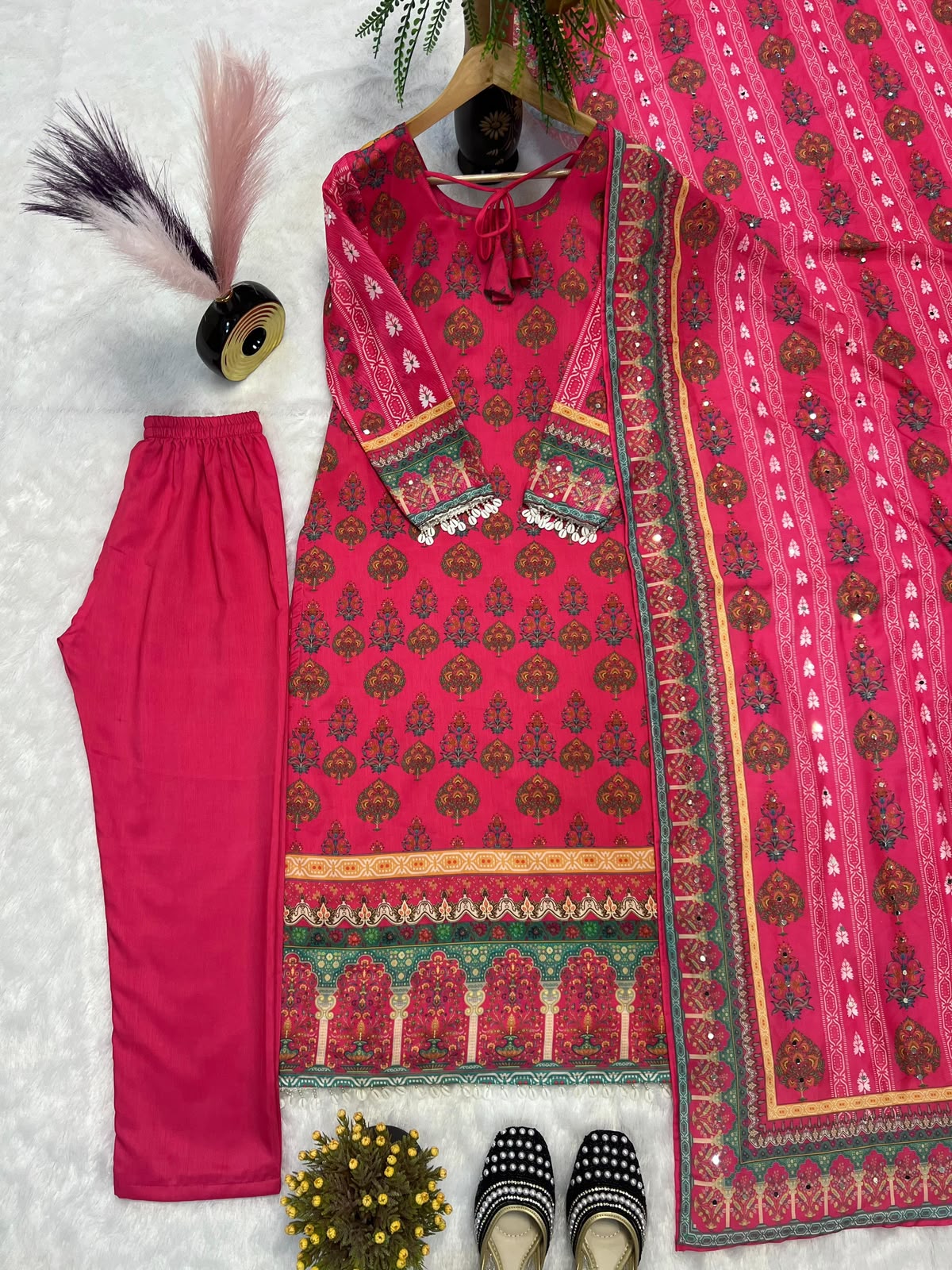 Desirable Maska Cotton Real Hand Mirror Work Kurti Pant & Dupatta Set