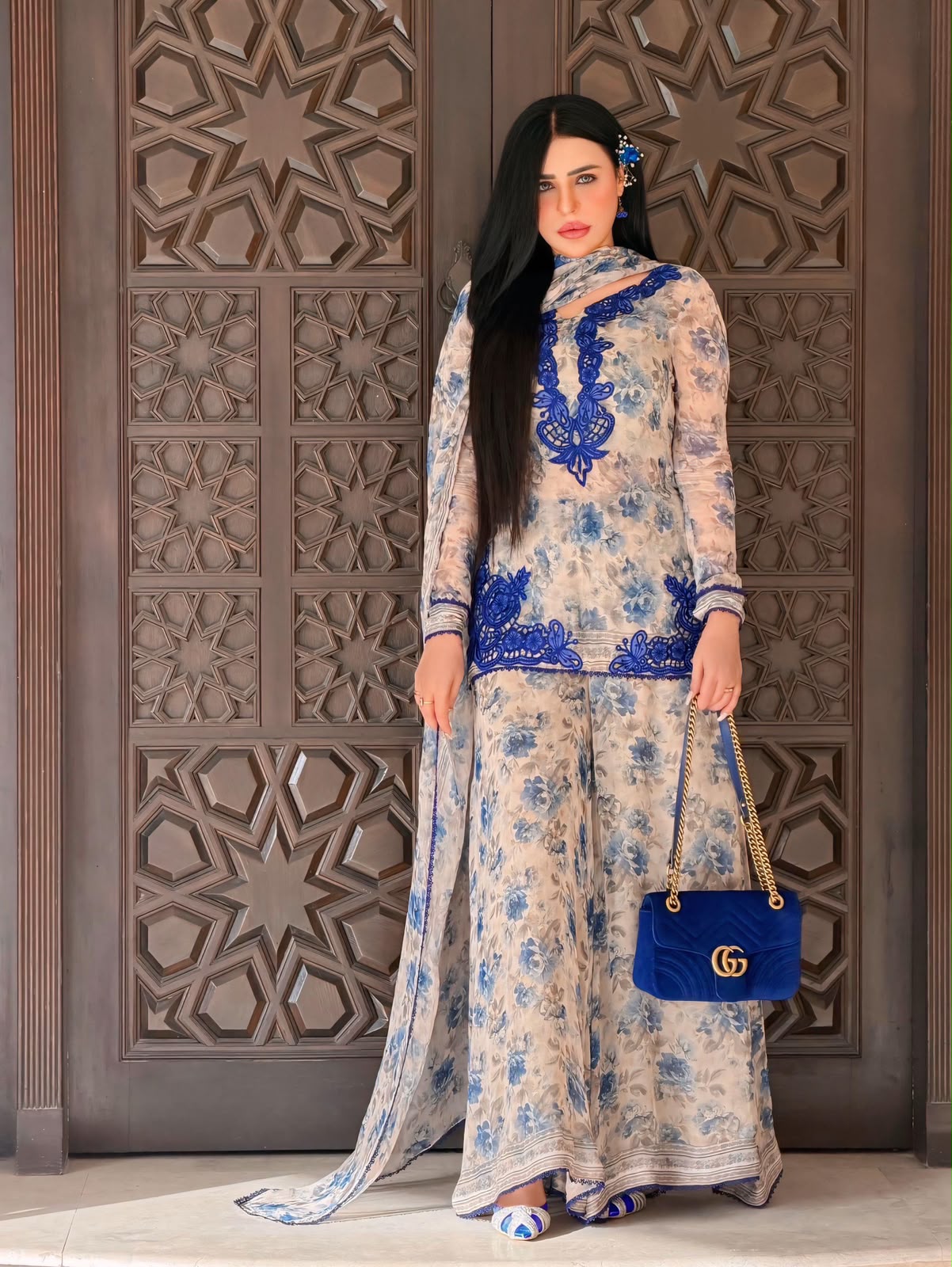 Designer Blue Floral Faux Georgette Embroidery Kurti Plazzo & Dupatta Set