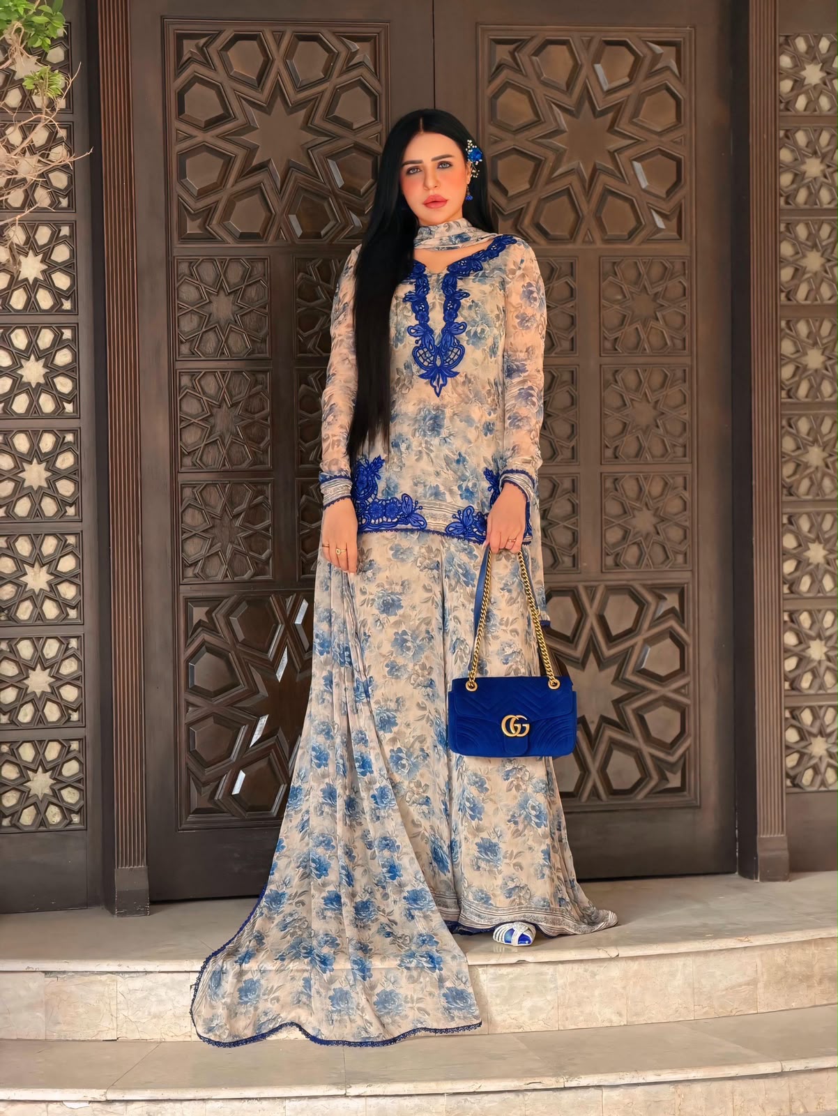 Designer Blue Floral Faux Georgette Embroidery Kurti Plazzo & Dupatta Set