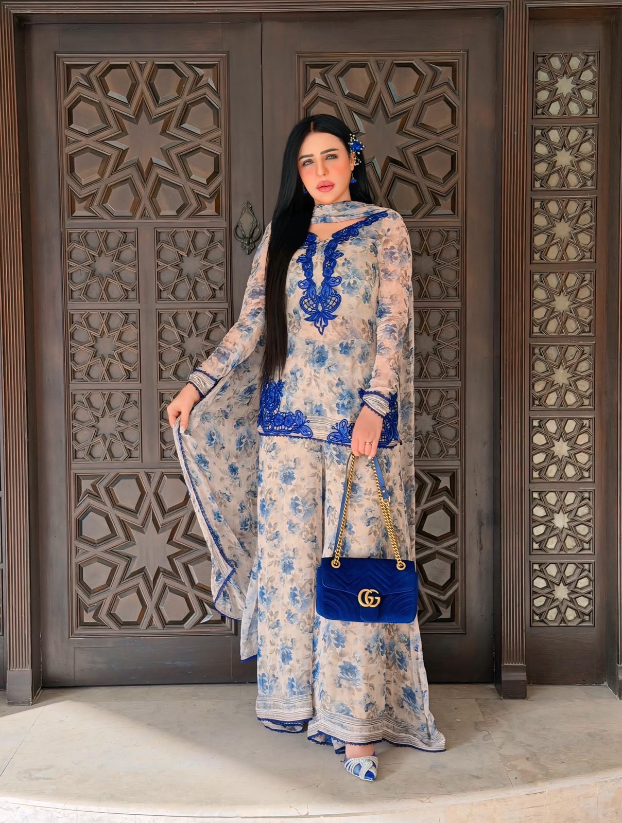 Designer Blue Floral Faux Georgette Embroidery Kurti Plazzo & Dupatta Set