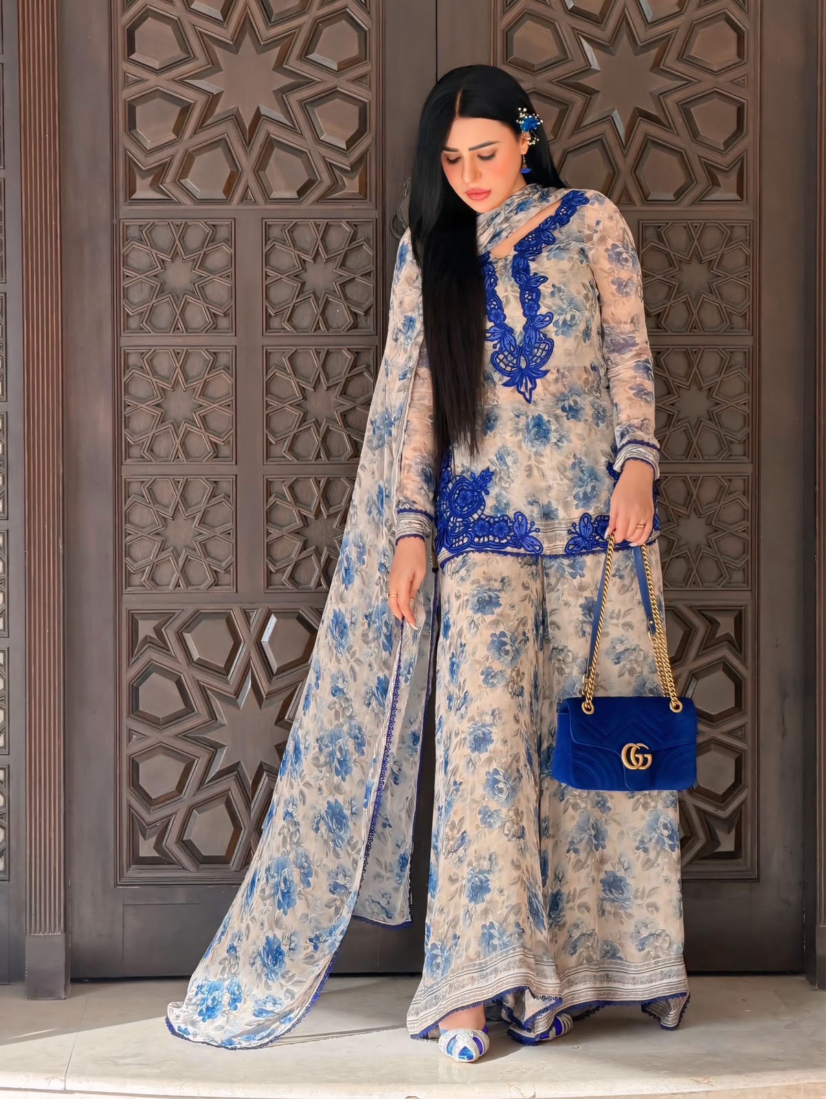 Designer Blue Floral Faux Georgette Embroidery Kurti Plazzo & Dupatta Set