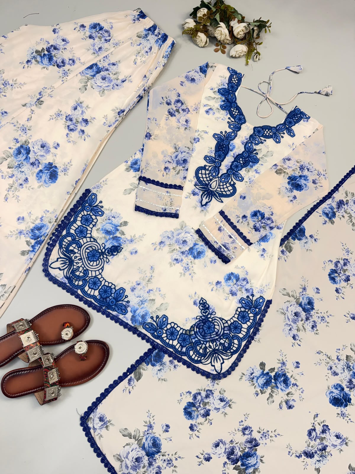 Designer Blue Floral Faux Georgette Embroidery Kurti Plazzo & Dupatta Set