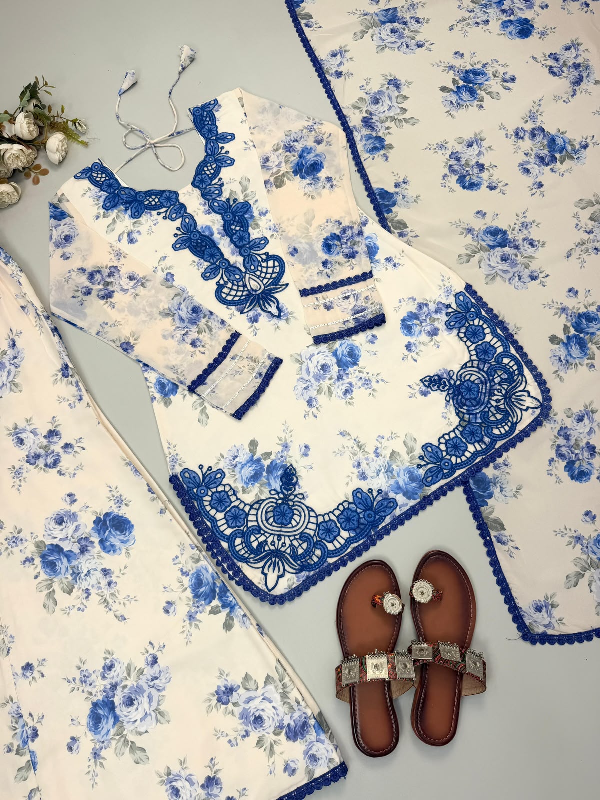 Designer Blue Floral Faux Georgette Embroidery Kurti Plazzo & Dupatta Set