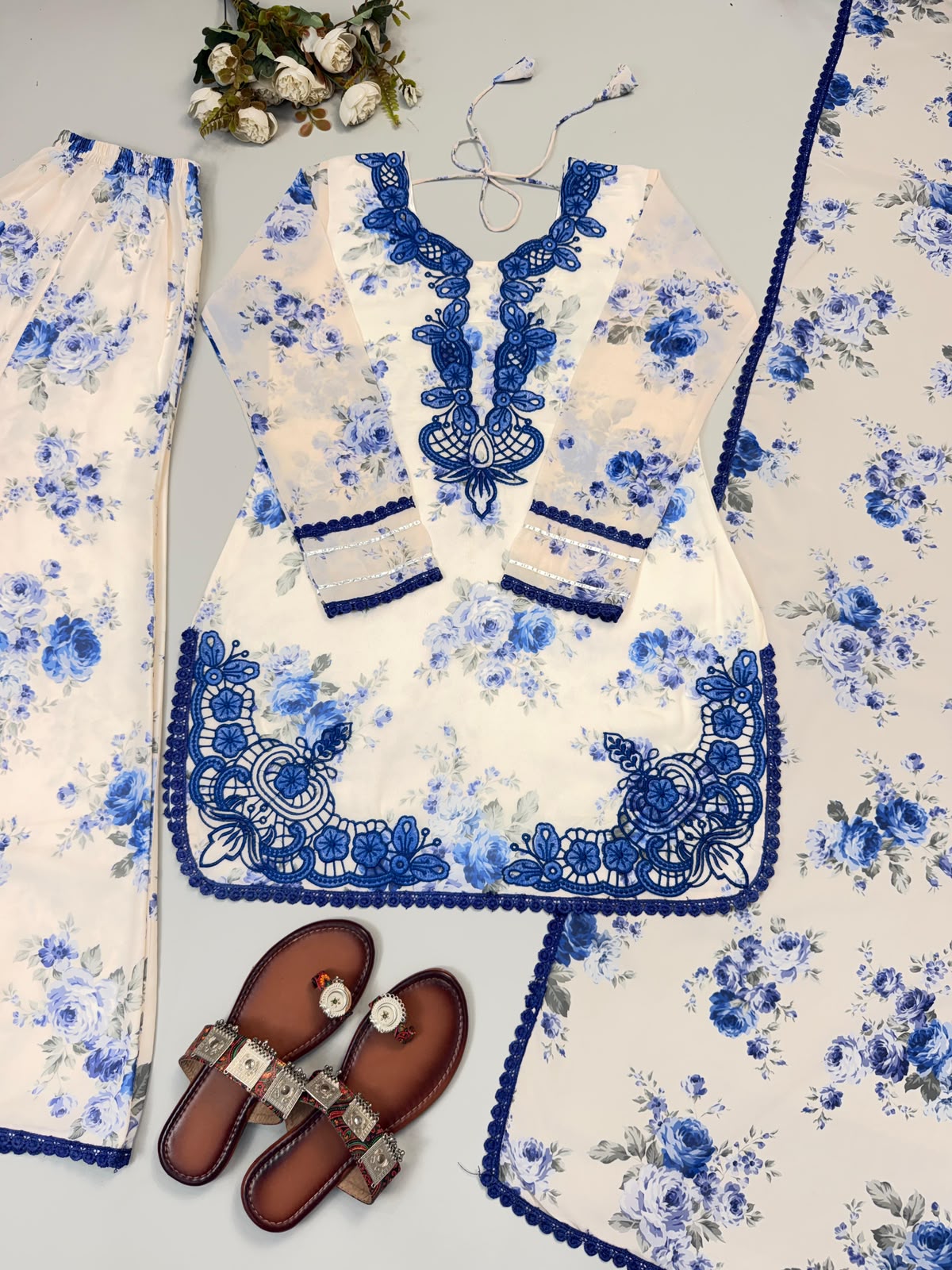 Designer Blue Floral Faux Georgette Embroidery Kurti Plazzo & Dupatta Set