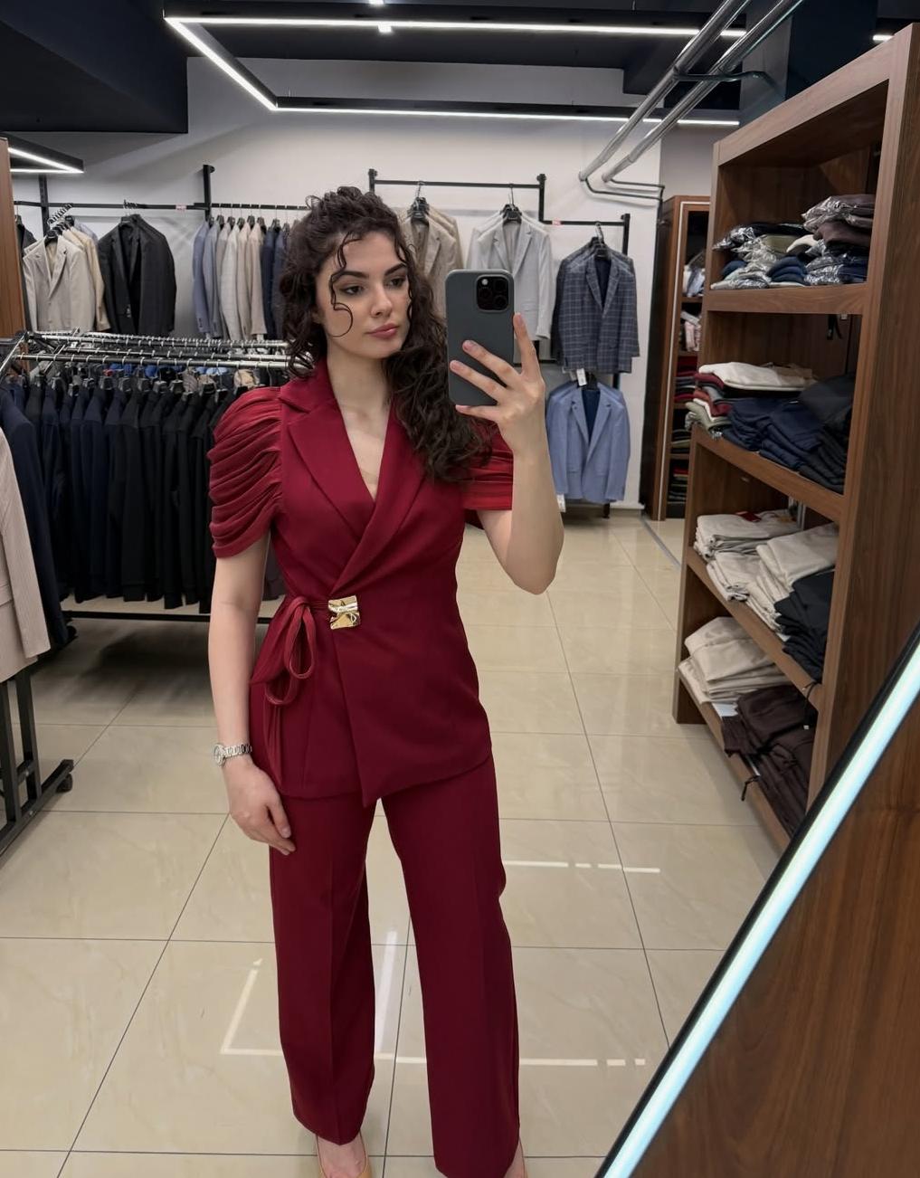 Knotted Blazer Set with Pleated Puff Sleeves