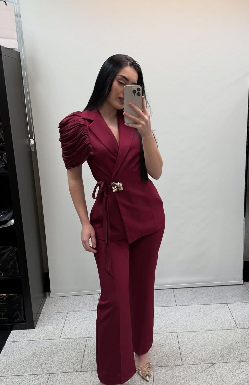 Knotted Blazer Set with Pleated Puff Sleeves