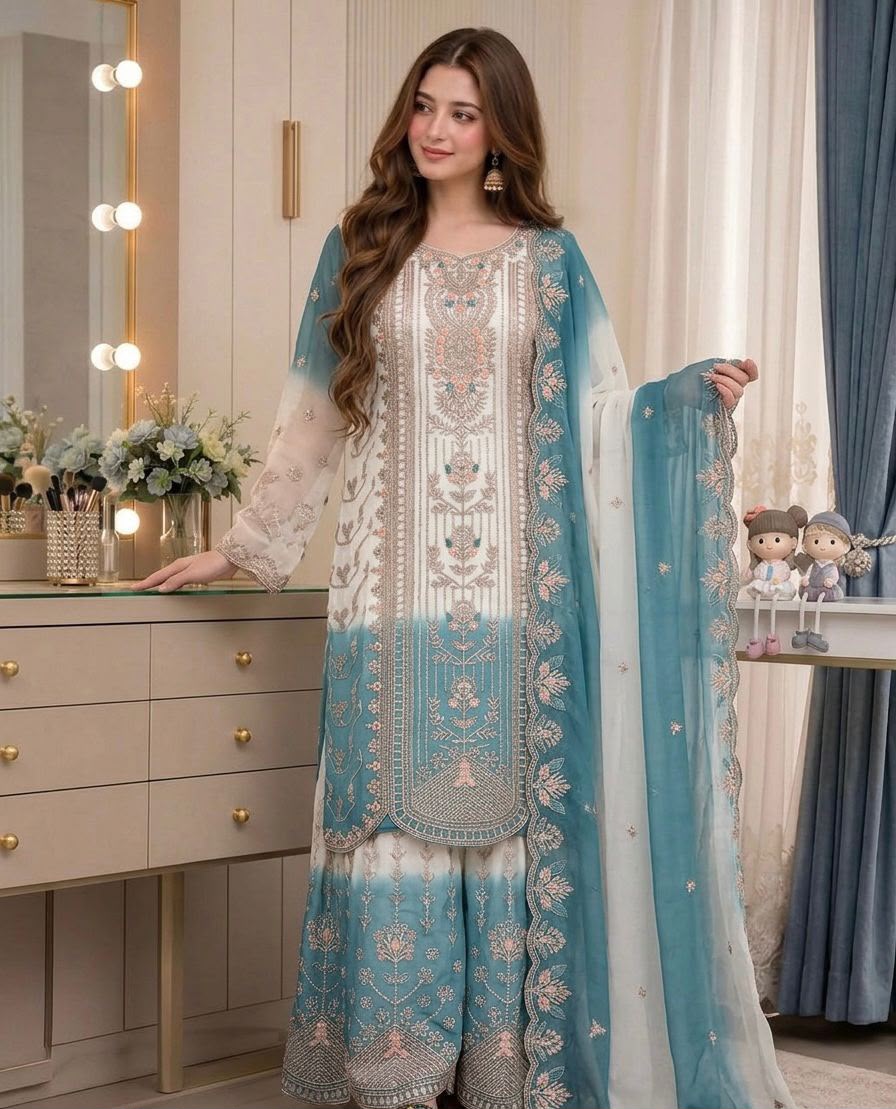 Designer Dual Tone Georgette Embroidery Kurti Plazzo & Dupatta Set