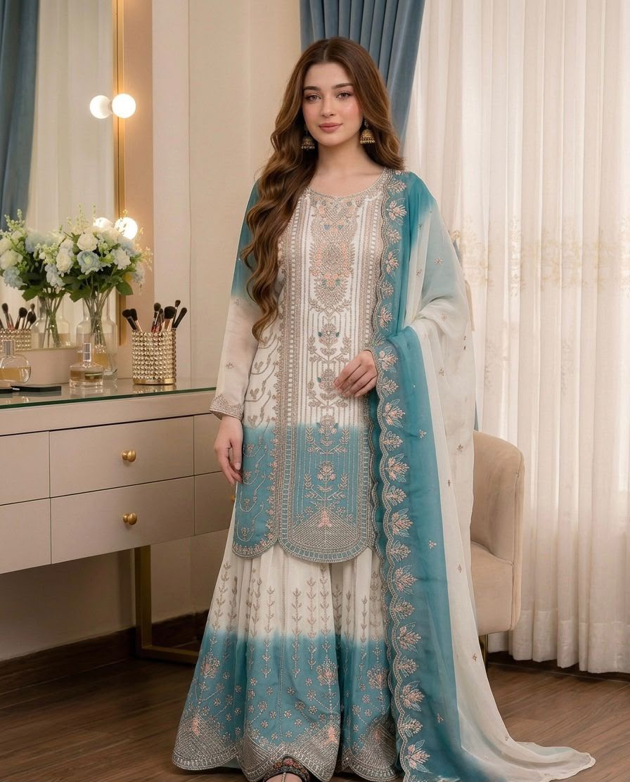 Designer Dual Tone Georgette Embroidery Kurti Plazzo & Dupatta Set