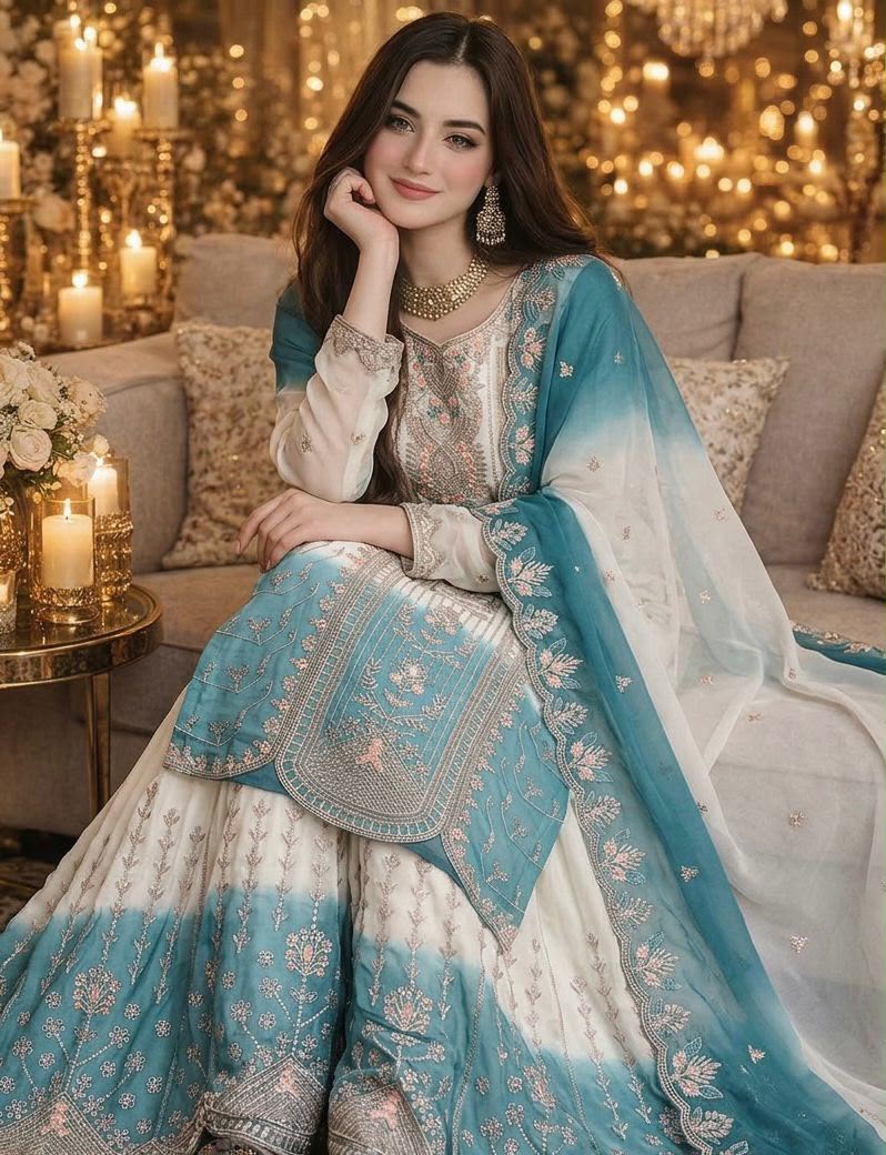 Designer Dual Tone Georgette Embroidery Kurti Plazzo & Dupatta Set