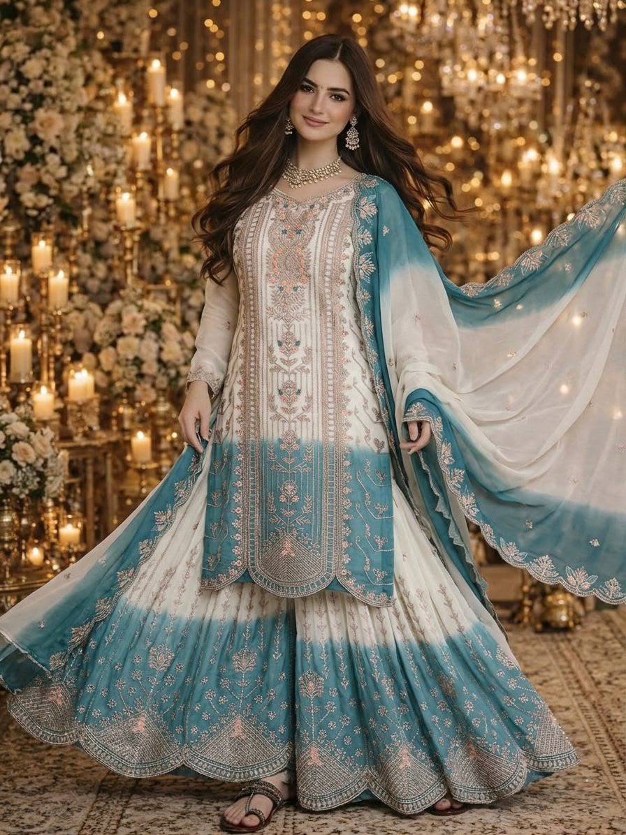 Designer Dual Tone Georgette Embroidery Kurti Plazzo & Dupatta Set