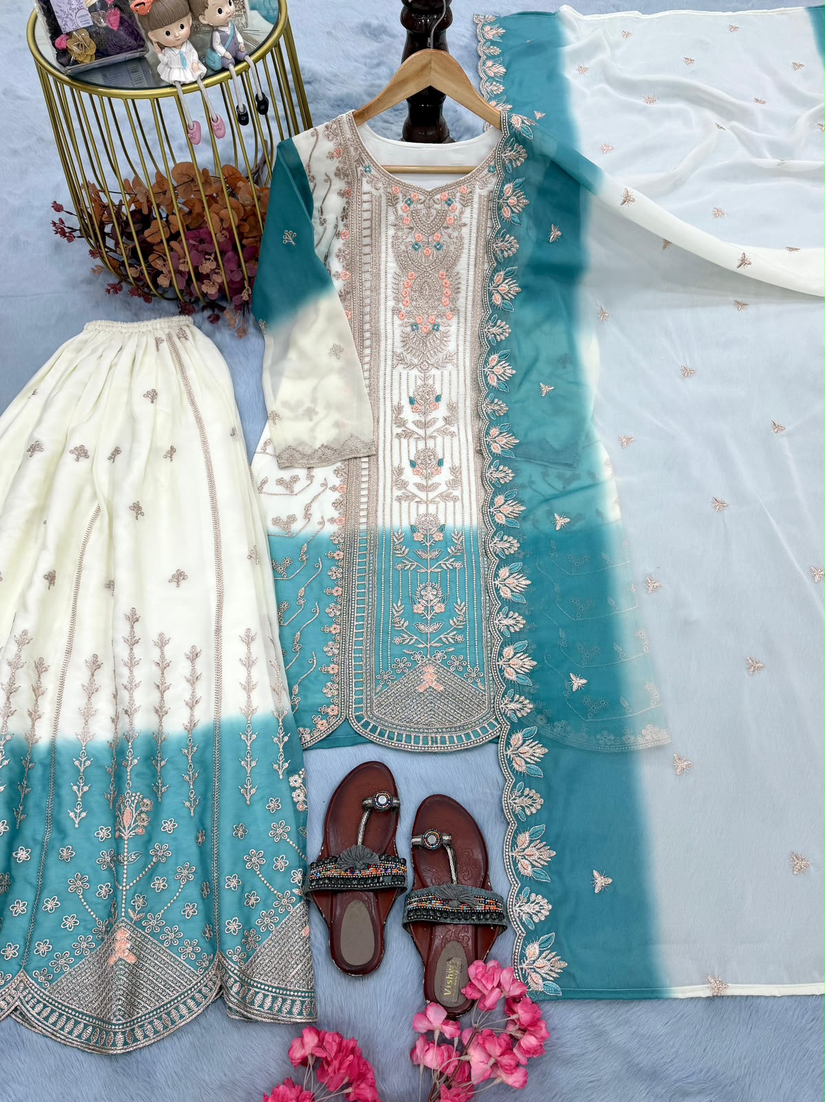 Designer Dual Tone Georgette Embroidery Kurti Plazzo & Dupatta Set
