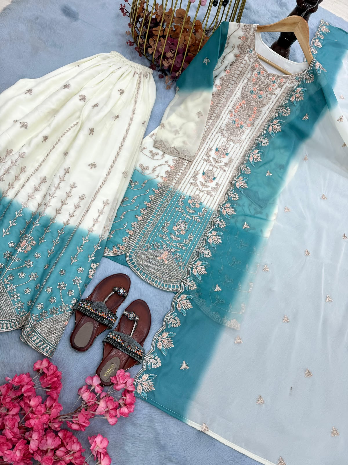 Designer Dual Tone Georgette Embroidery Kurti Plazzo & Dupatta Set