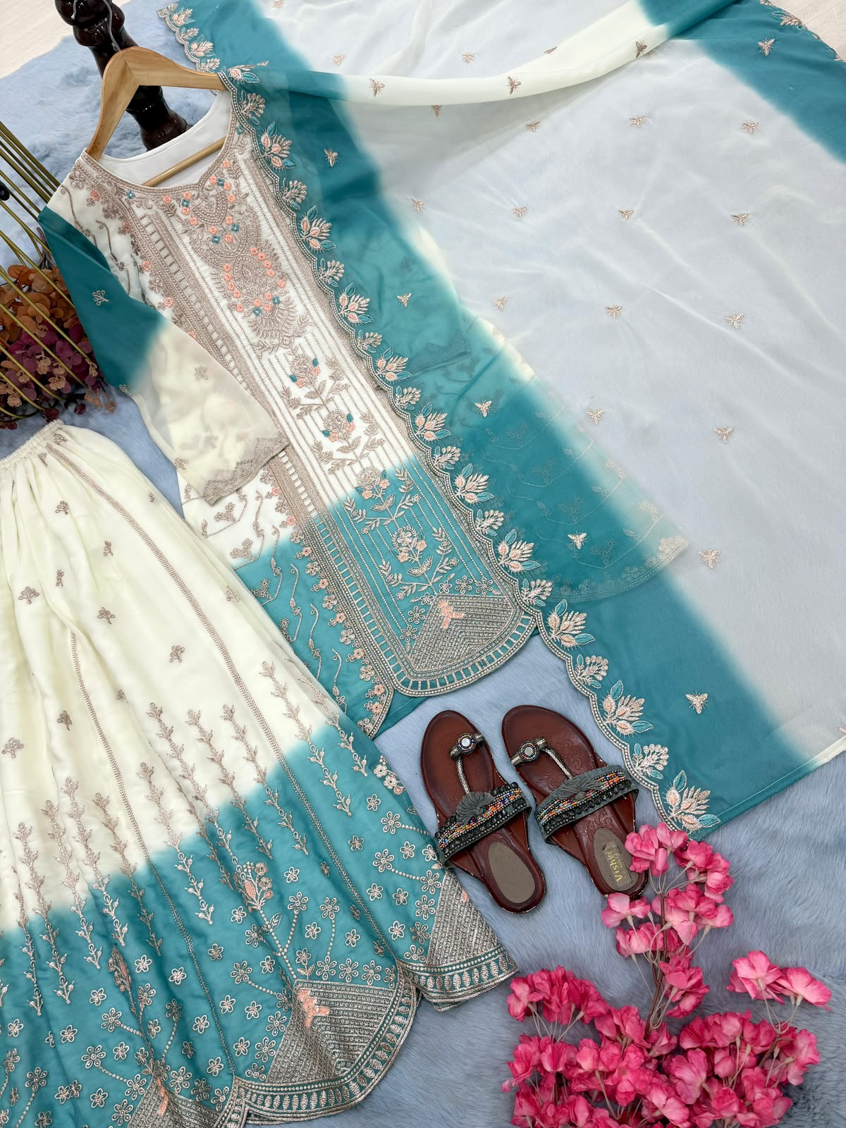 Designer Dual Tone Georgette Embroidery Kurti Plazzo & Dupatta Set