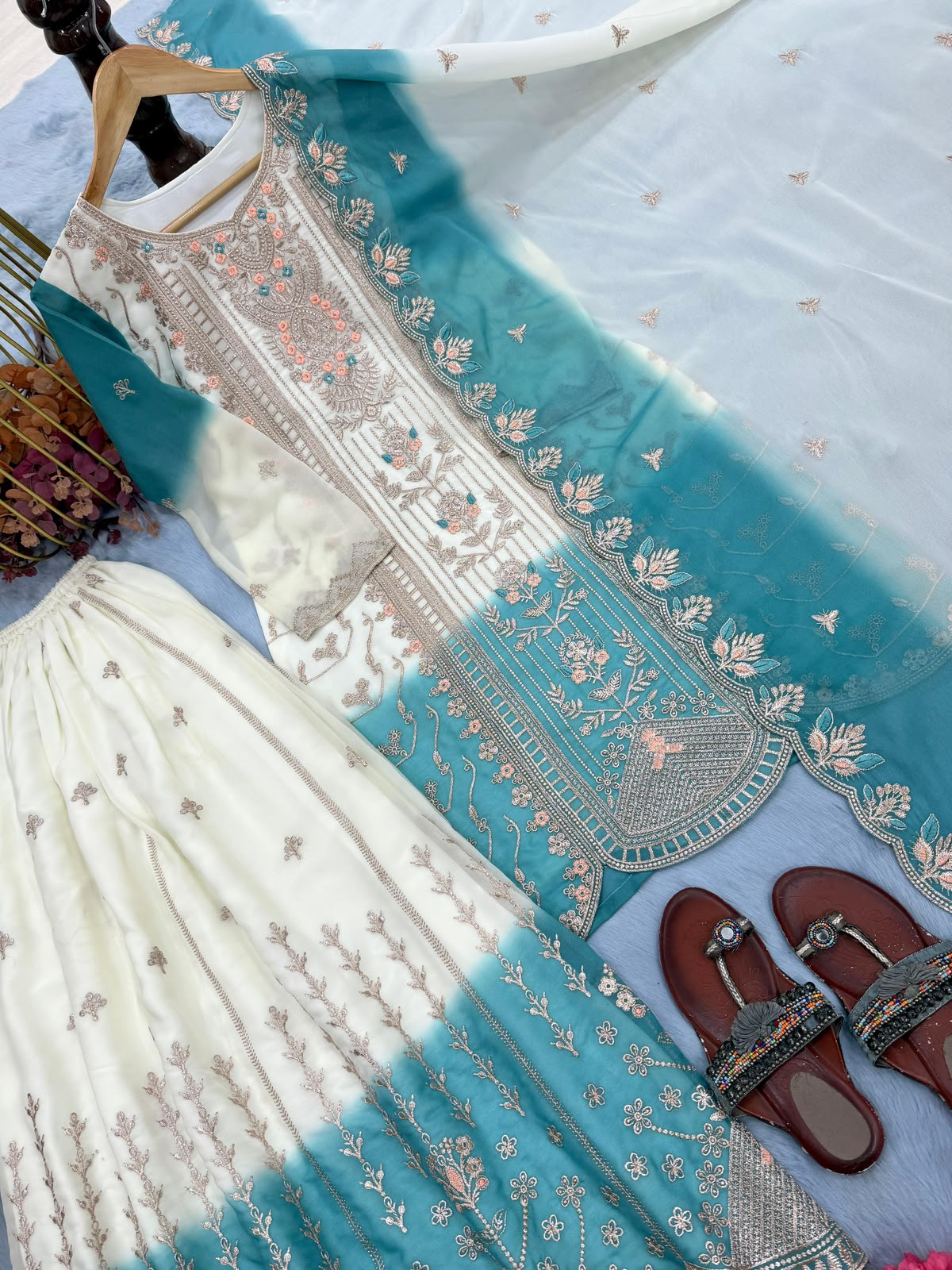 Designer Dual Tone Georgette Embroidery Kurti Plazzo & Dupatta Set