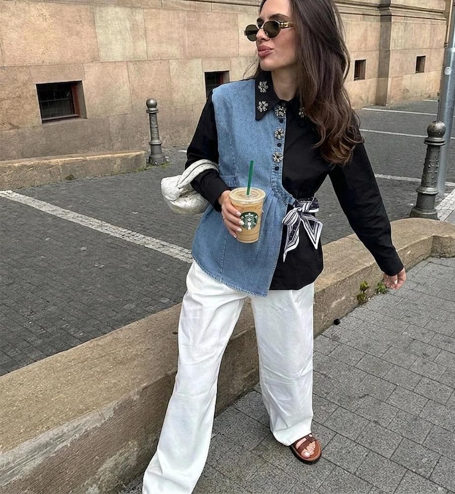 Side Knot Denim Luxe Embellished Shirt