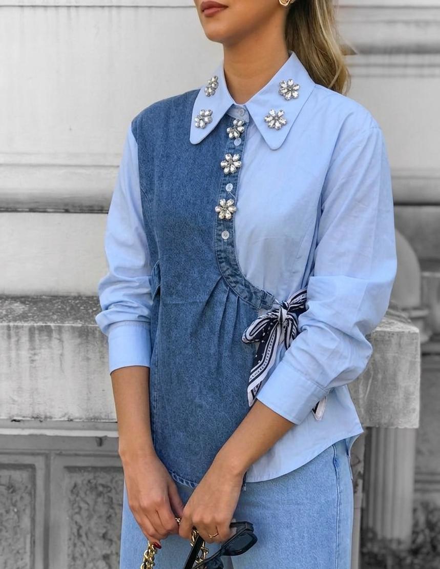 Side Knot Denim Luxe Embellished Shirt