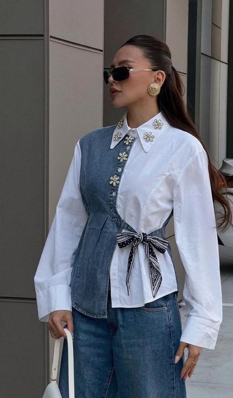 Side Knot Denim Luxe Embellished Shirt