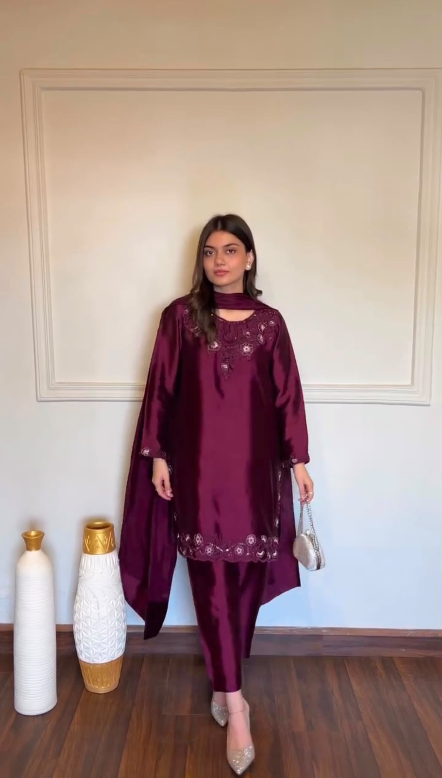 Designer American Silk Kurti Plazzo Set with Dupatta