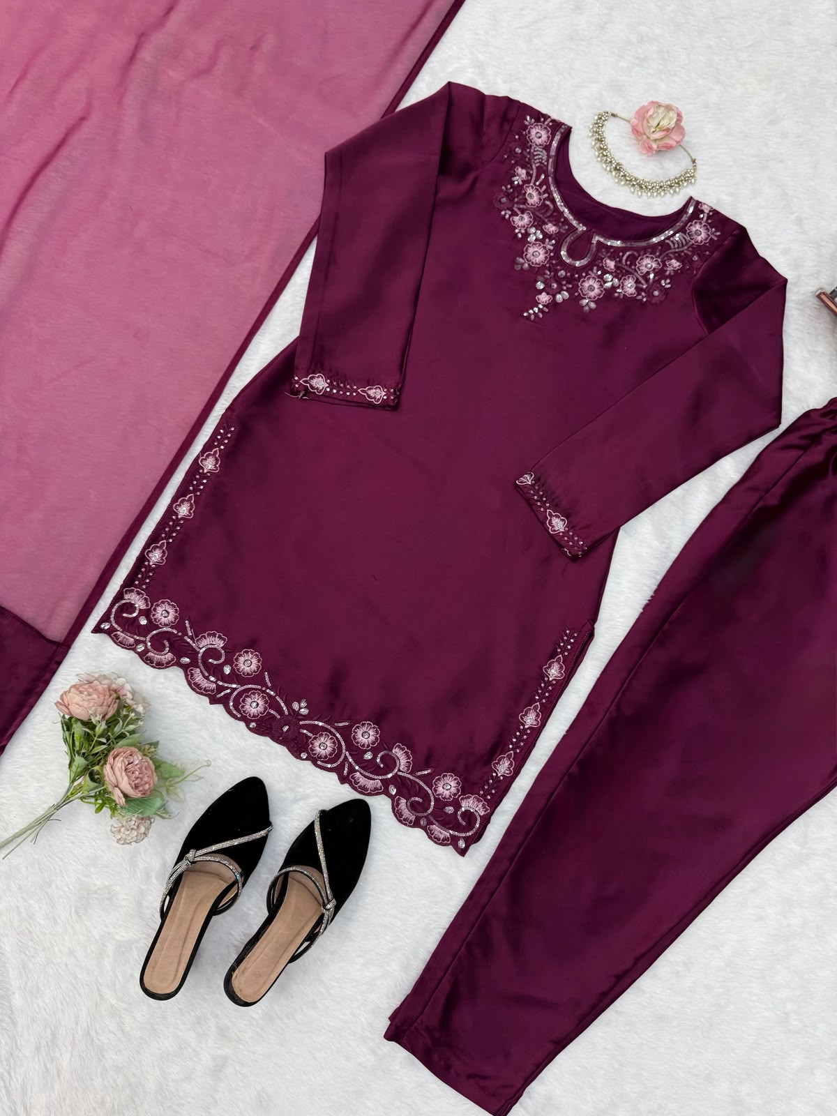 Designer American Silk Kurti Plazzo Set with Dupatta