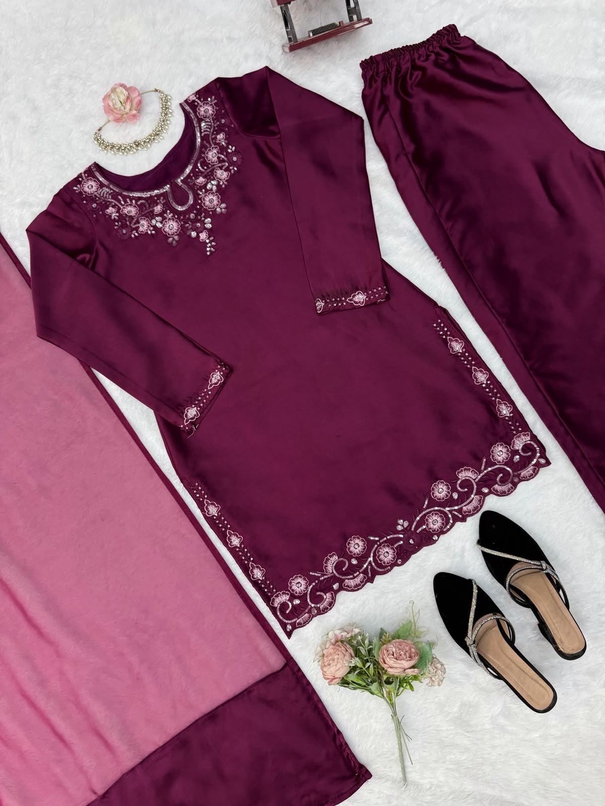 Designer American Silk Kurti Plazzo Set with Dupatta