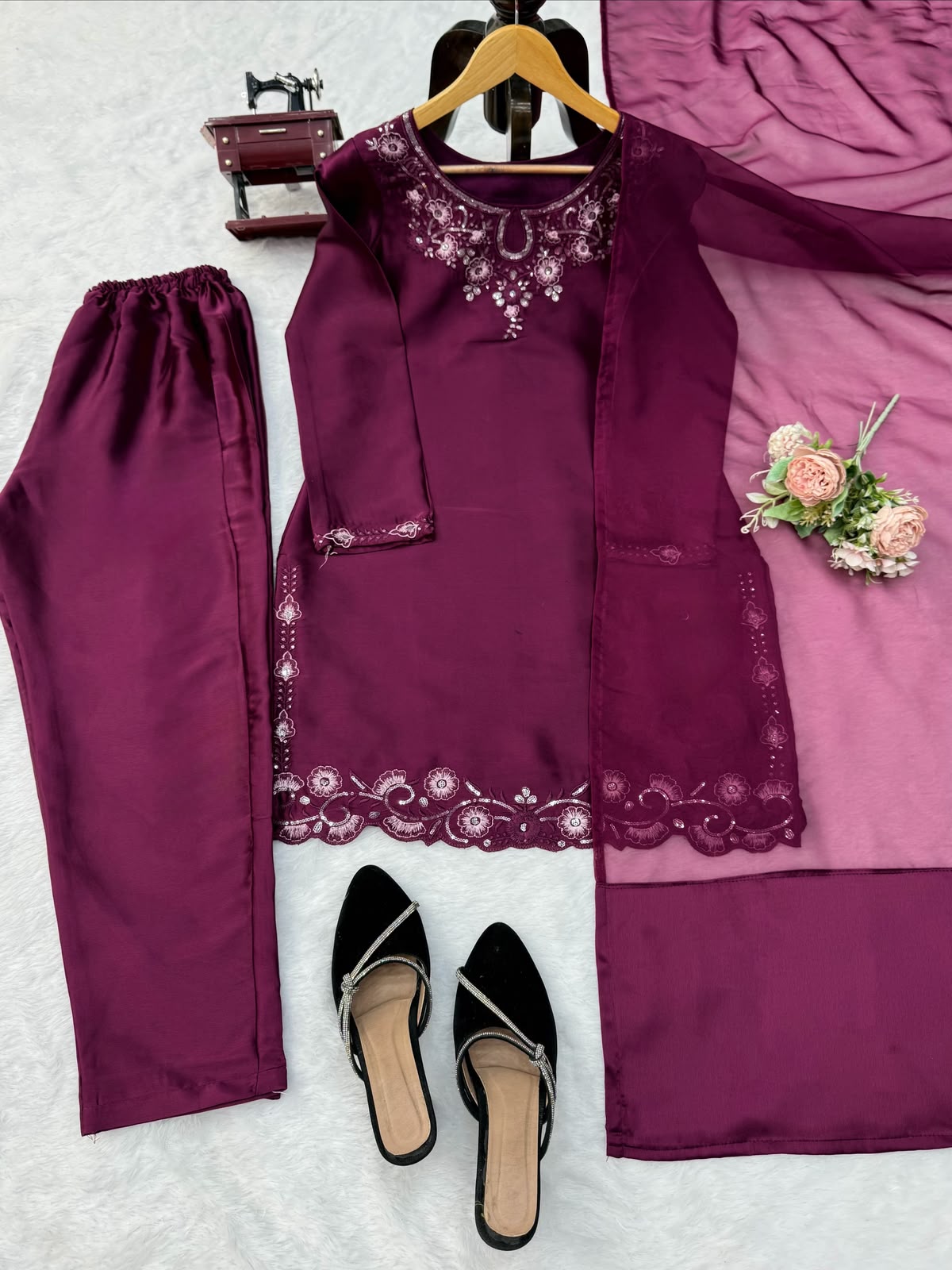 Designer American Silk Kurti Plazzo Set with Dupatta
