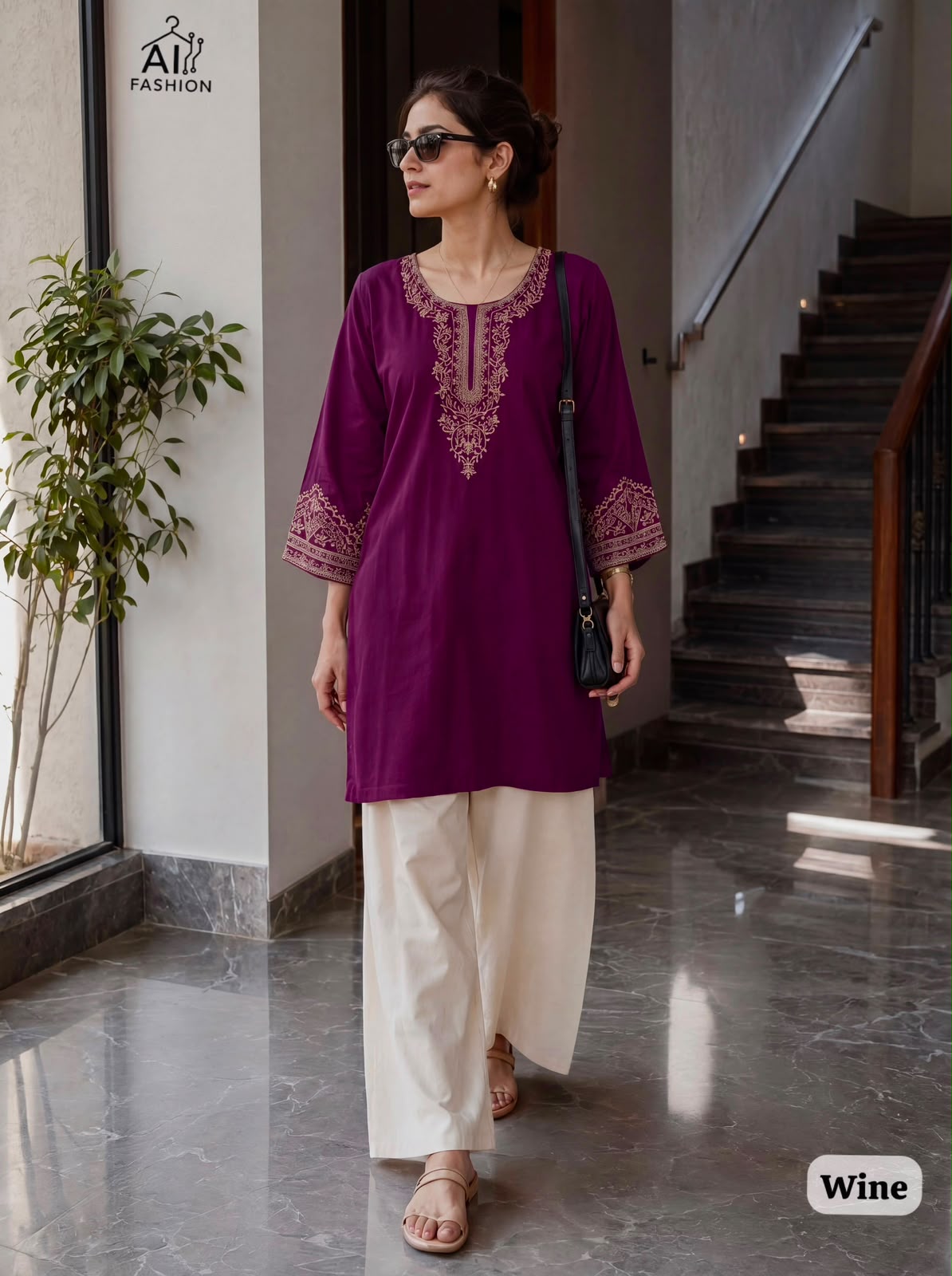 Bunaai Embroidery Work Short Top with Plazzo