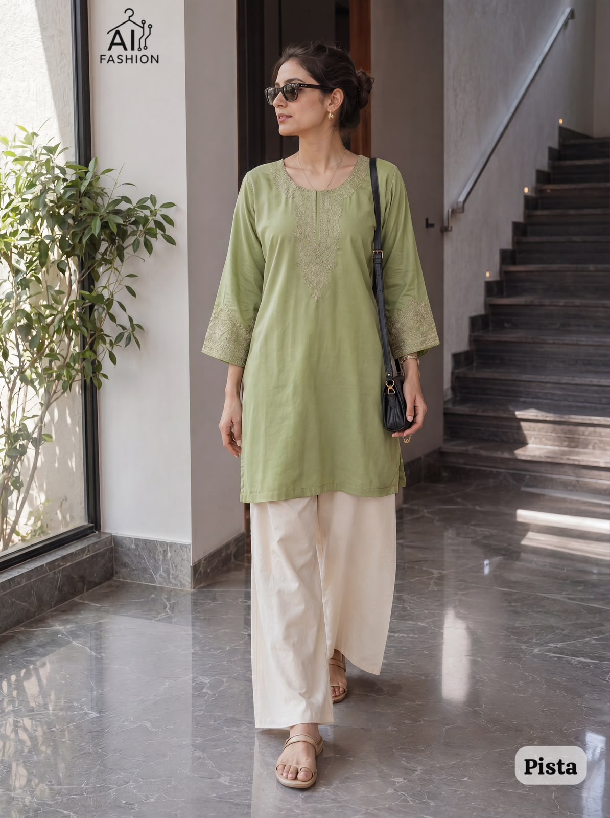 Bunaai Embroidery Work Short Top with Plazzo