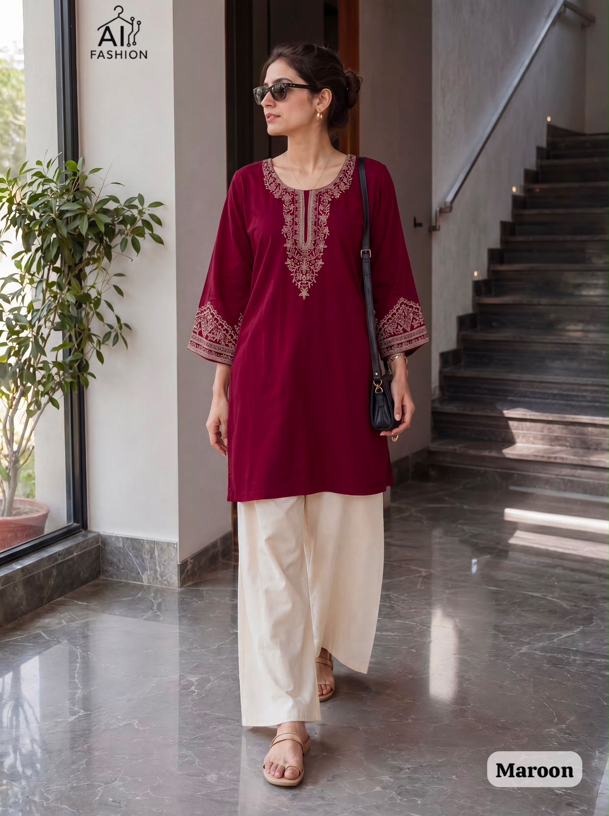 Bunaai Embroidery Work Short Top with Plazzo