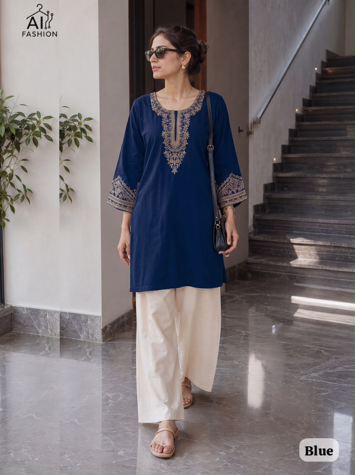 Bunaai Embroidery Work Short Top with Plazzo