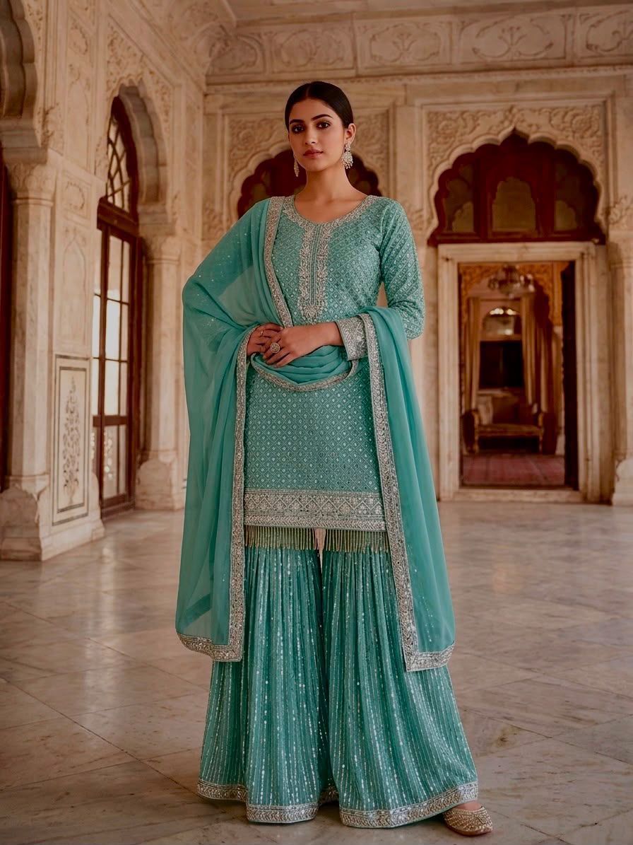 SW232 Teal Faux Georgette Sharara Set - Model Front View with Dupatta