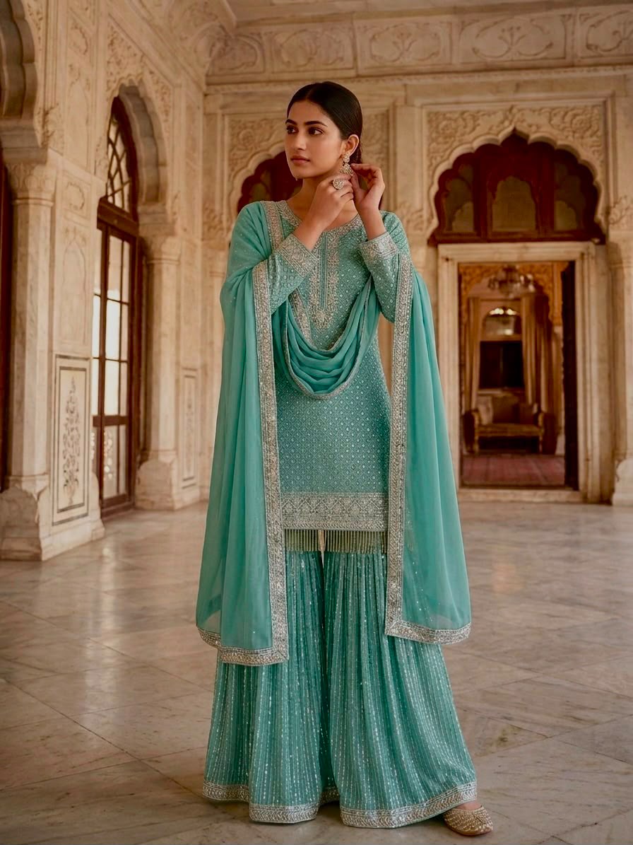 SW232 Teal Faux Georgette Sharara Set - Model Full Length View
