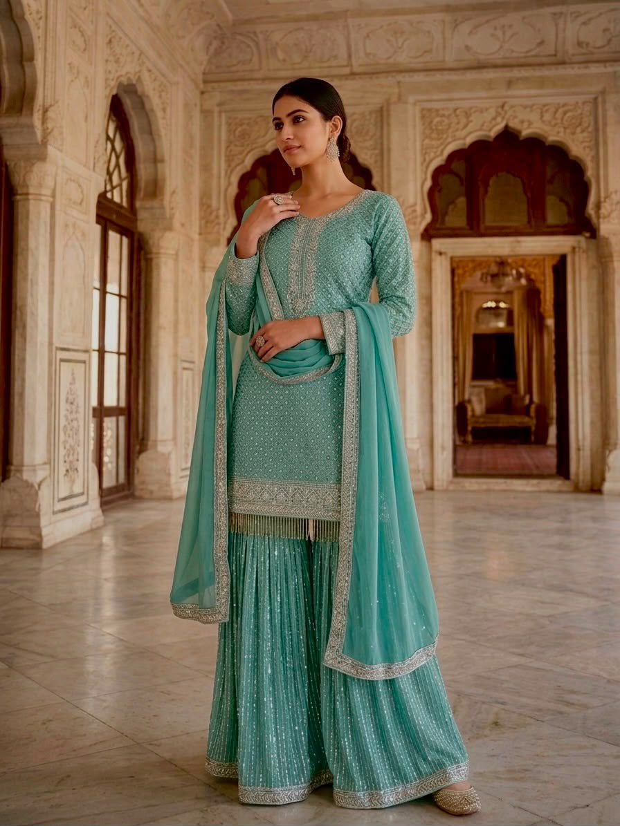 SW232 Teal Faux Georgette Sharara Set - Evening Wear Model View