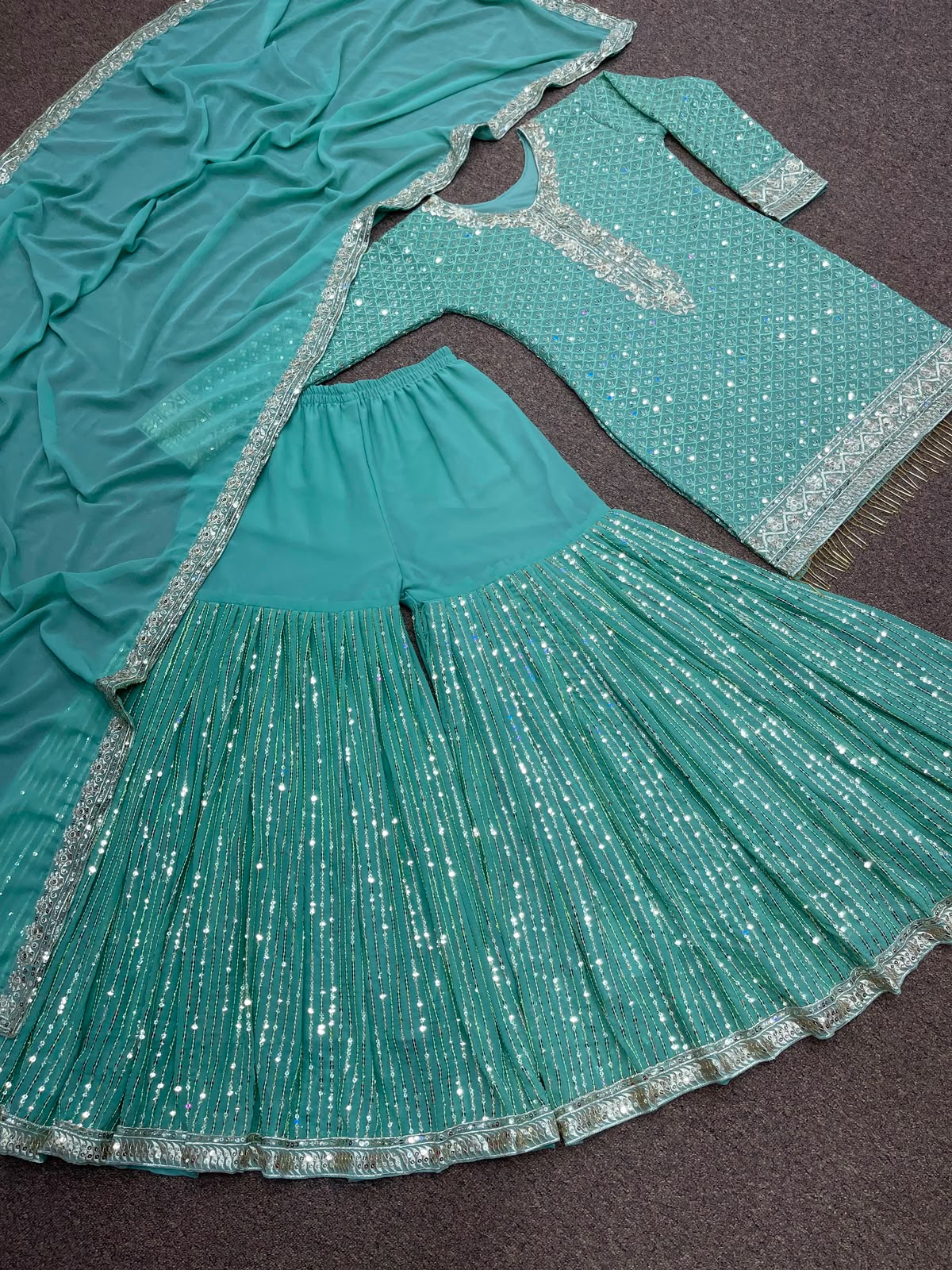 SW232 Teal Faux Georgette Sharara Set - Top Close-up with Dupatta