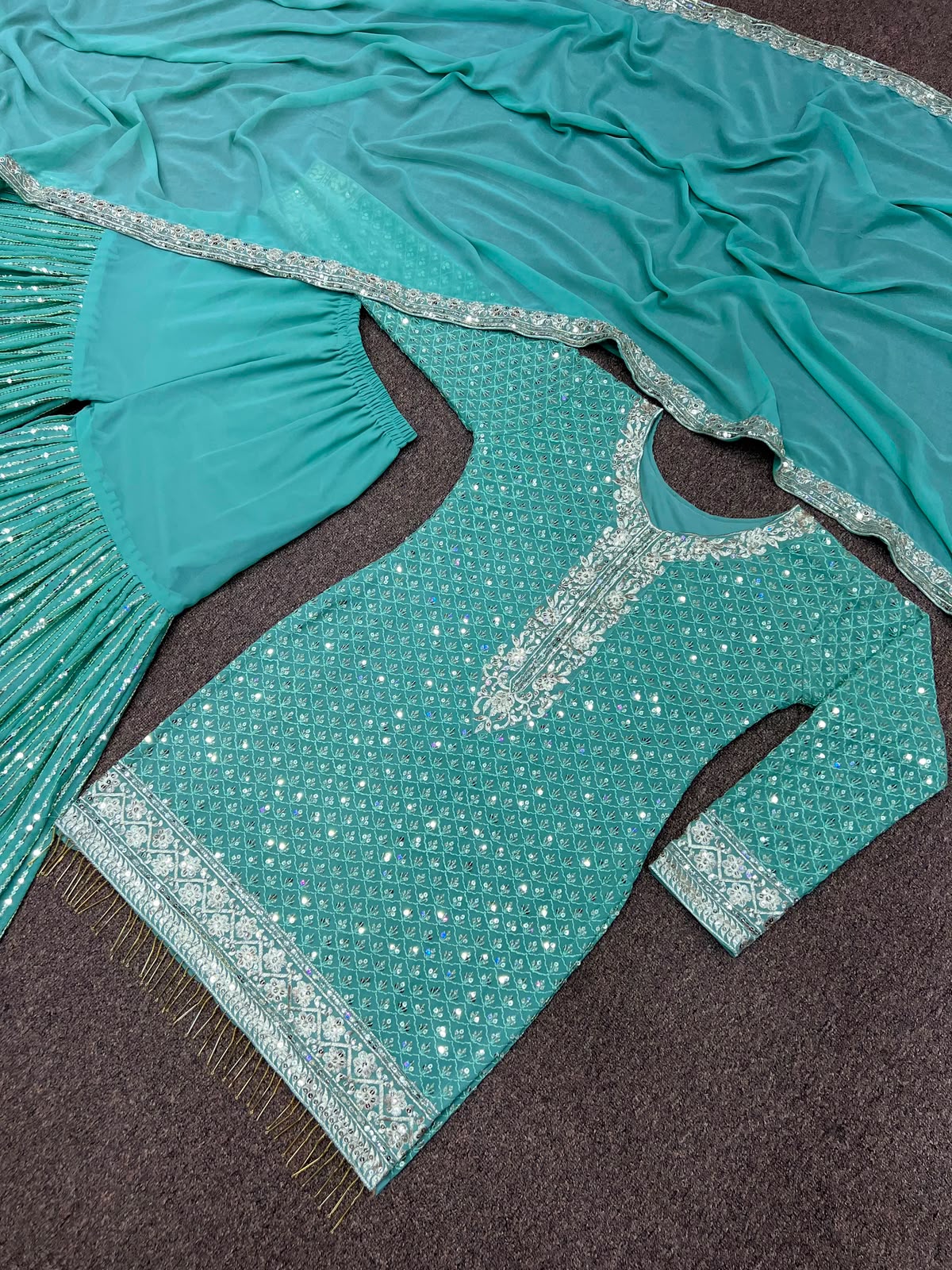 SW232 Teal Faux Georgette Sharara Set - Flat Lay Top & Sharara Detail