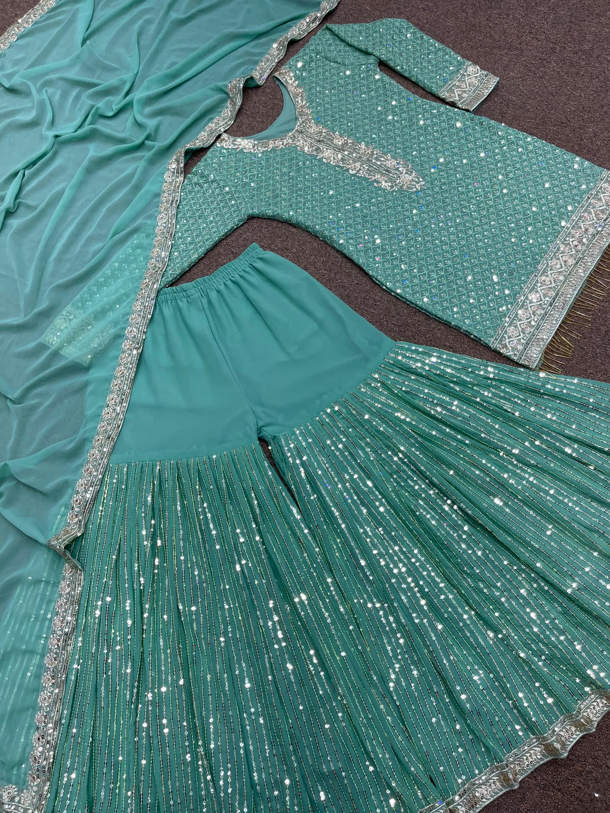 SW232 Teal Faux Georgette Sharara Set - Flat Lay Sharara Close-up