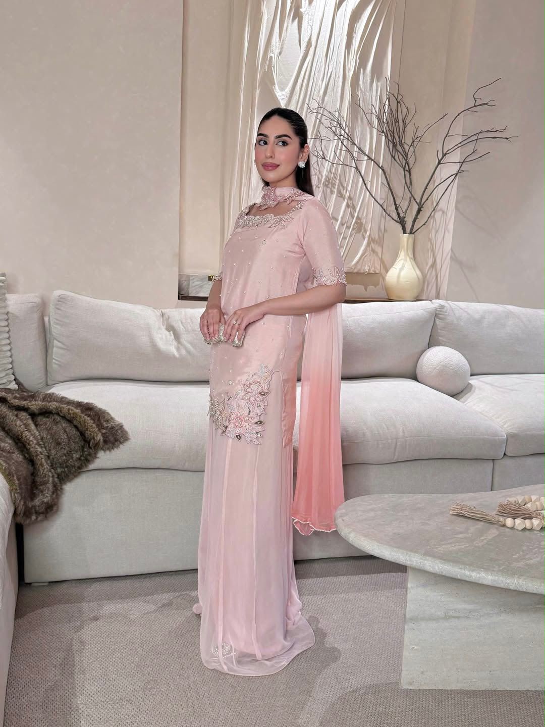 SW233 Blush Pink Roman Glass Silk Sharara Set - Model Front View