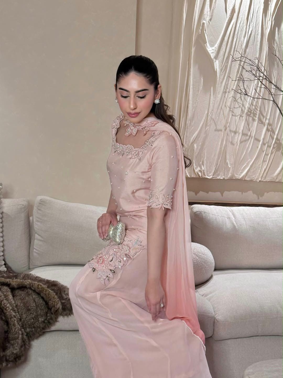 SW233 Blush Pink Roman Glass Silk Sharara Set - Model Side View with Dupatta
