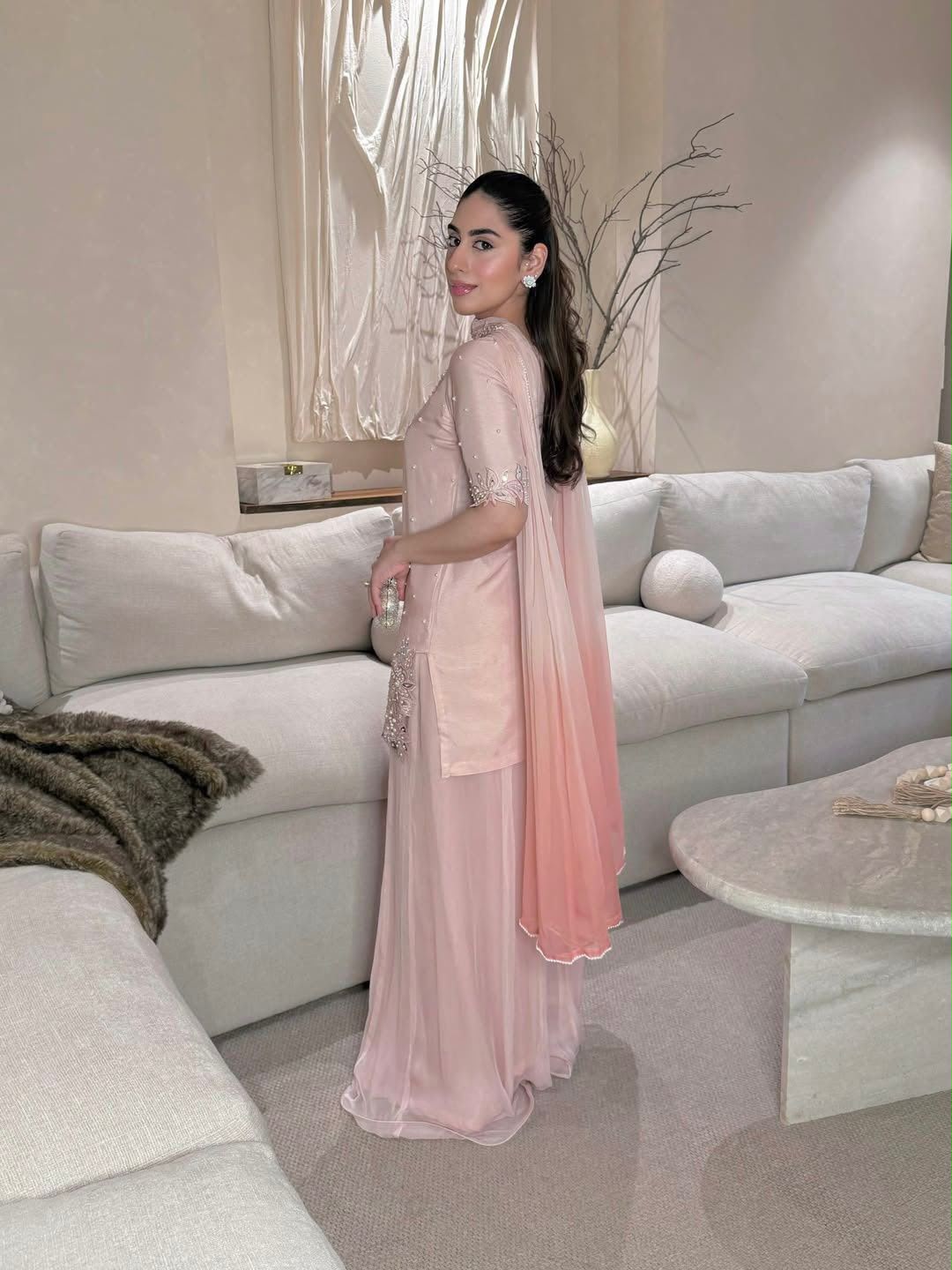 SW233 Blush Pink Roman Glass Silk Sharara Set - Flat Lay Top & Sharara