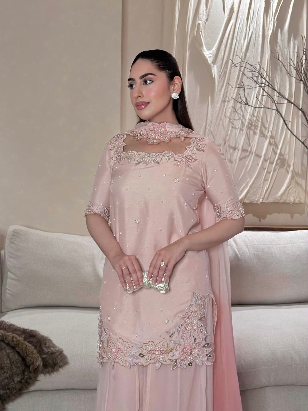SW233 Blush Pink Roman Glass Silk Sharara Set - Flat Lay Full Set with Dupatta
