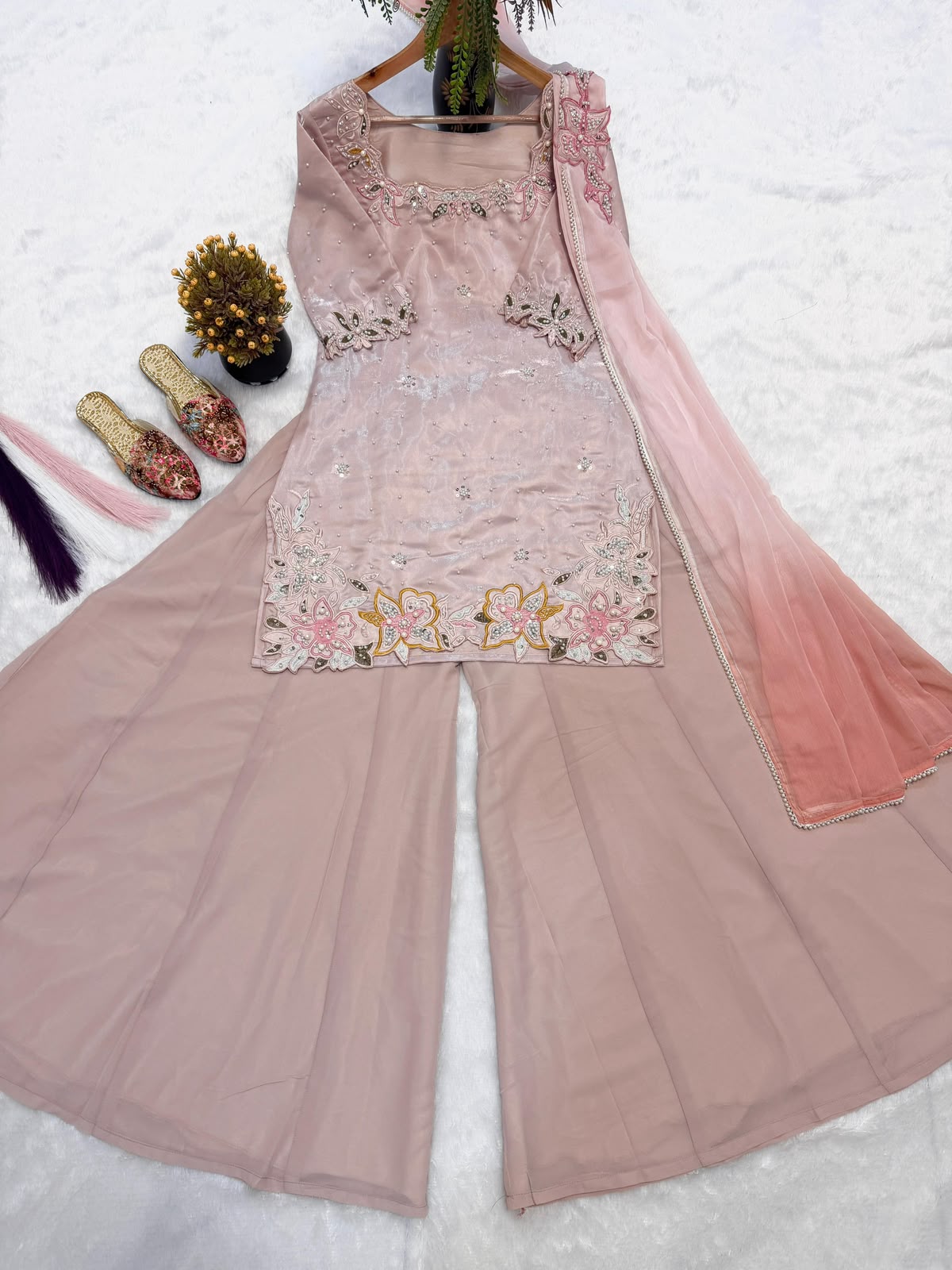 SW233 Blush Pink Roman Glass Silk Sharara Set - Flat Lay Alternate Angle