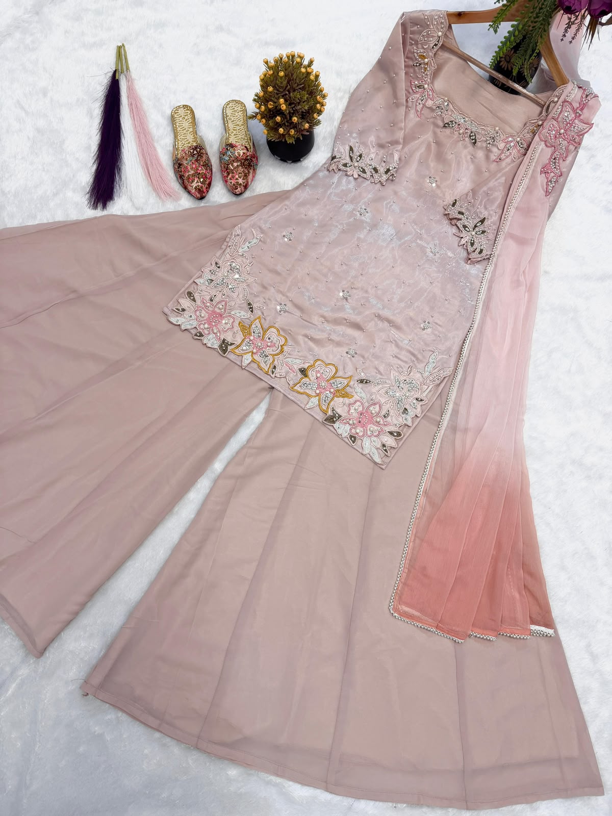 SW233 Blush Pink Roman Glass Silk Sharara Set - Top Embroidery Close-up