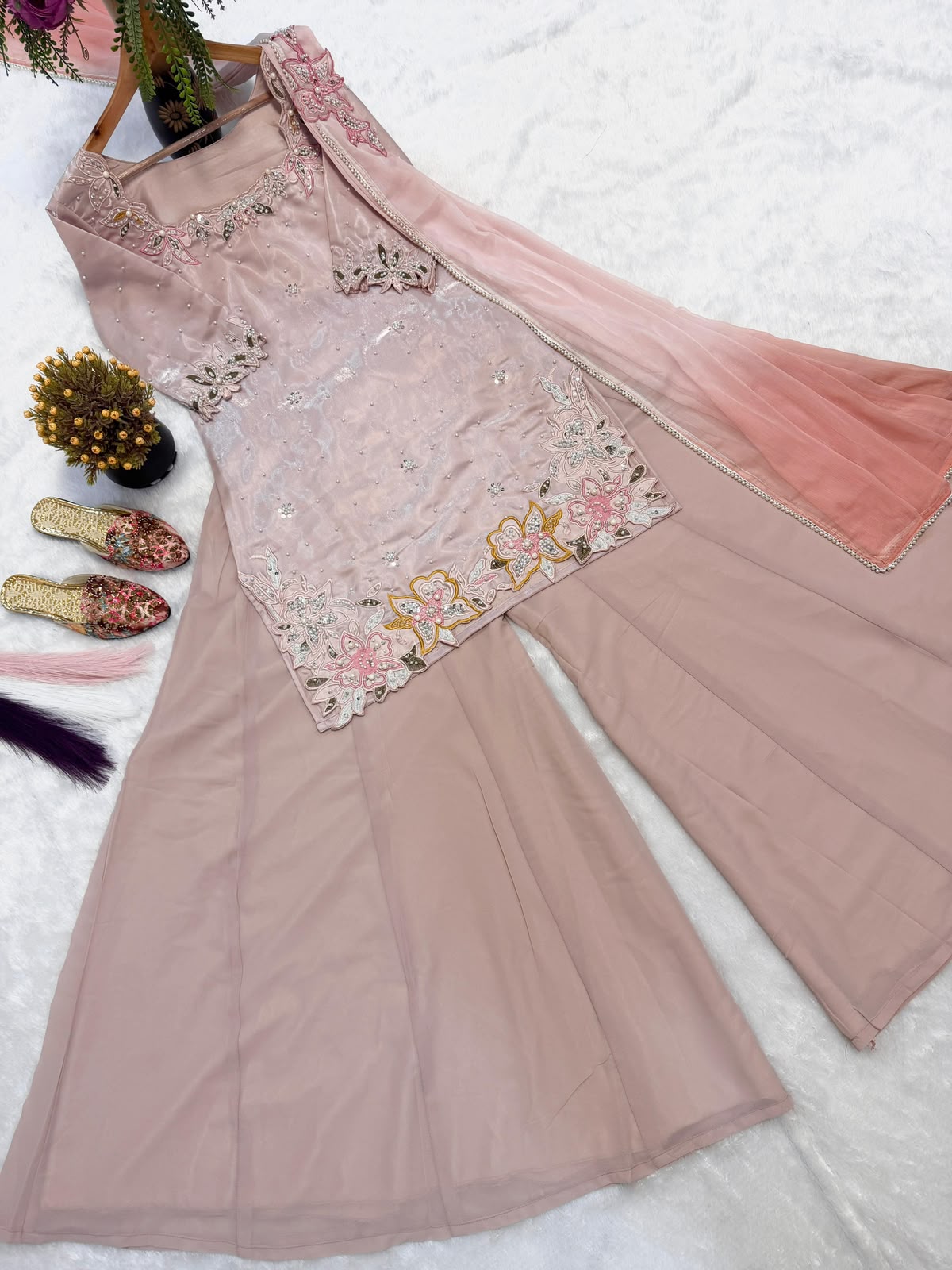 SW233 Blush Pink Roman Glass Silk Sharara Set - Flat Lay with Ombre Dupatta