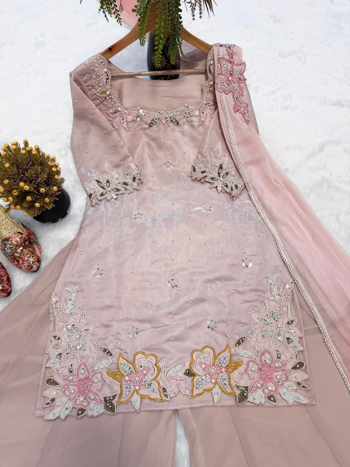 SW233 Blush Pink Roman Glass Silk Sharara Set - Full Set Flat Lay Detail