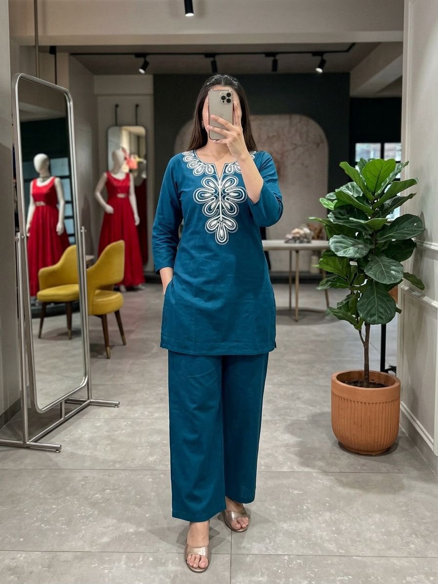 SW234 Asha Chocolate Brown Dabu Cotton Co-ord Set - Model Mirror View