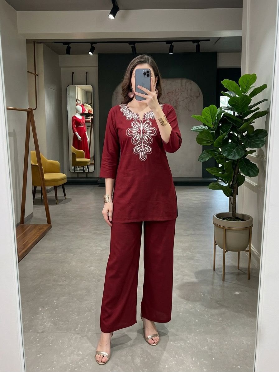 SW234 Asha Maroon Dabu Cotton Co-ord Set - Model Mirror View